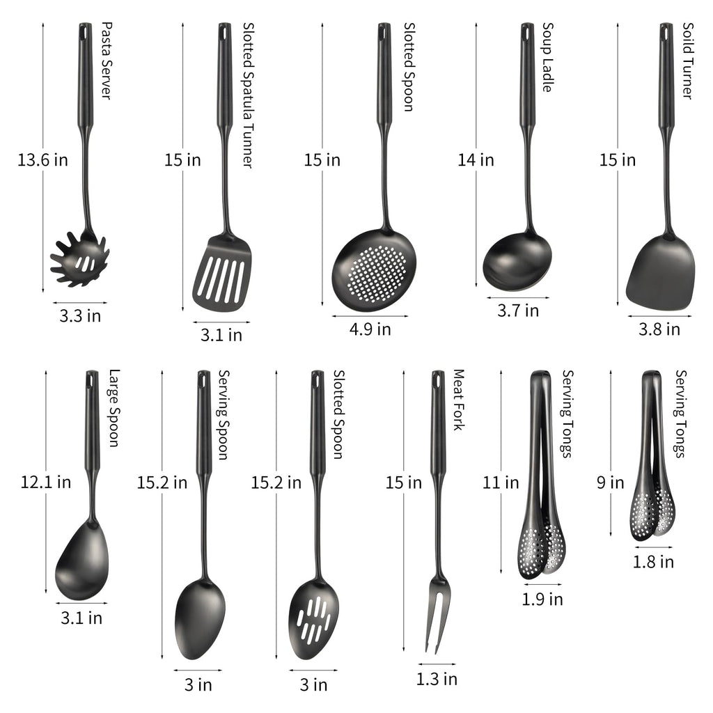304 Stainlss Steel Matte Kitchen Utensils Set, 11 Pcs Long Metal Cooking Utensil Gadgets Tools Set with Spatula, Ladle, Spoon, Ladle, Skimmer, Tunner, Pasta Server, Tongs(Black, Dishwasher Safe)