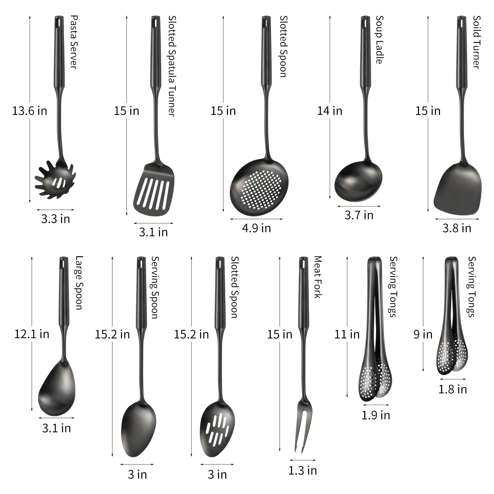 304 Stainlss Steel Matte Kitchen Utensils Set, 11 Pcs Long Metal Cooking Utensil Gadgets Tools Set with Spatula, Ladle, Spoon, Ladle, Skimmer, Tunner, Pasta Server, Tongs(Black, Dishwasher Safe)