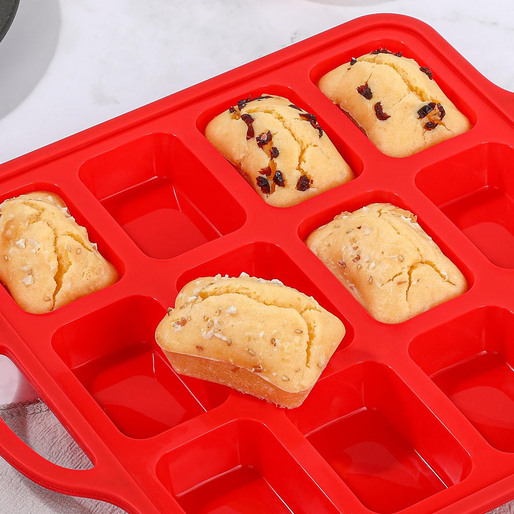 Silicone Mini Loaf Pan, 12 Cavities Metal Reinforced Frame Nonstick Food Grade for Baking Mini Bread, Brownie, Cornbread, Cheesecake and Chocolate (2 Pack)