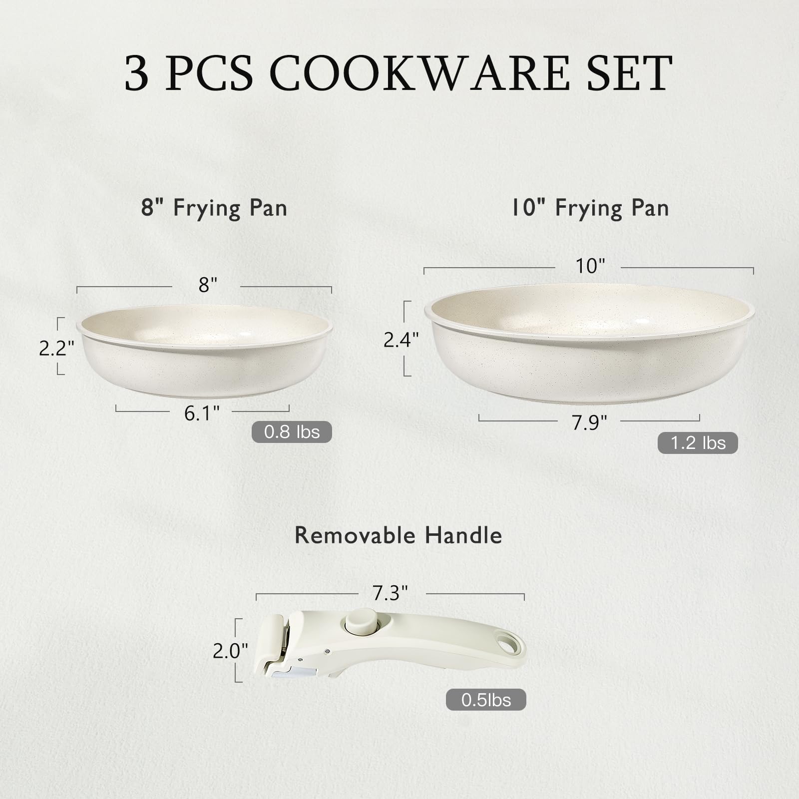 GiPP Non Stick Frying Pans Set Removable Handle, Oven Safe Nonstick Fry Pan Skillets with Detachable Handle, Granite Coating Healthy Cooking Compatible with All Stovetops, PFOA Free, RV Cookware set