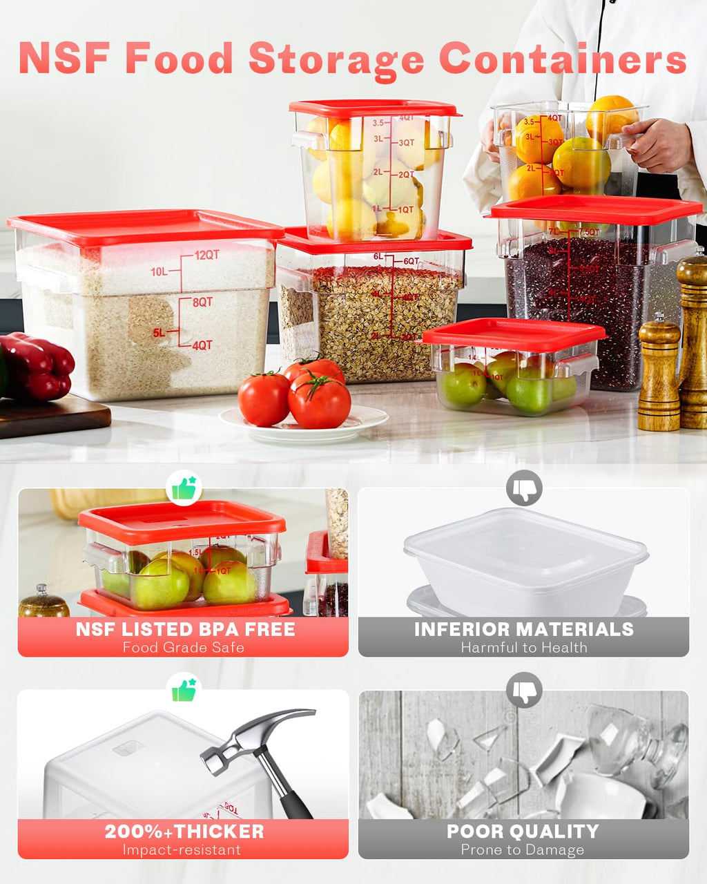 SVKLHY 4QT 4PCS NSF Commercial Clear Food Storage Containers with Lids(RED)