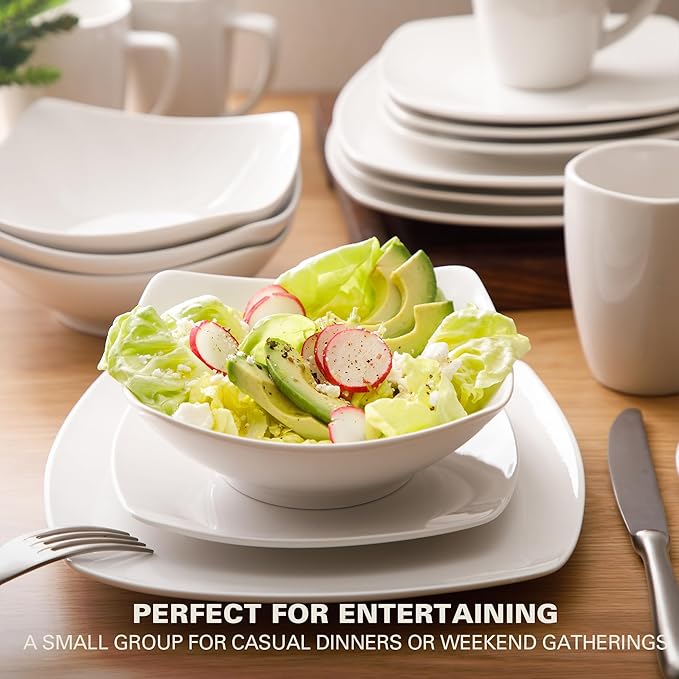 Gibson Home Zen Buffet Porcelain Chip and Scratch Resistant Dinnerware Plates, Bowls, and Mugs Set, Service for 4 (16pcs), White (Square Dishes)