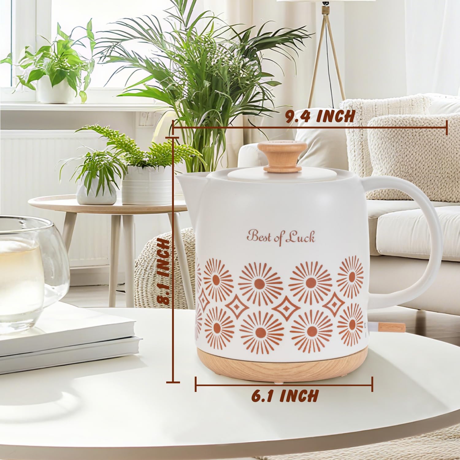 LONGSEED Ceramic Electric Kettle 1 Quarts, Automatic Shut Off, Porcelain Teapot, Hot Water Electric Boiler with LED Light, Boil Dry Protection, Short Spout 1000W Rapid Boiling Water for Tea Coffee