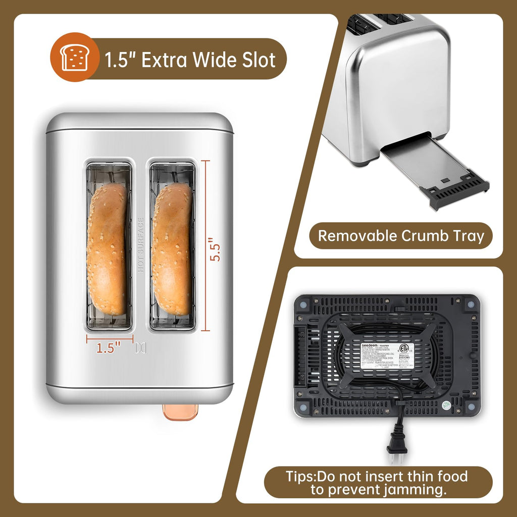 SEEDEEM Toaster 2 Slice, Real Touch Screen with LCD Display, Single-Slice Function, Stainless Steel Toaster, 50% Faster Heating, 1.5" Wide Slots, Removable Crumb Tray, 1350W, Silver Metallic