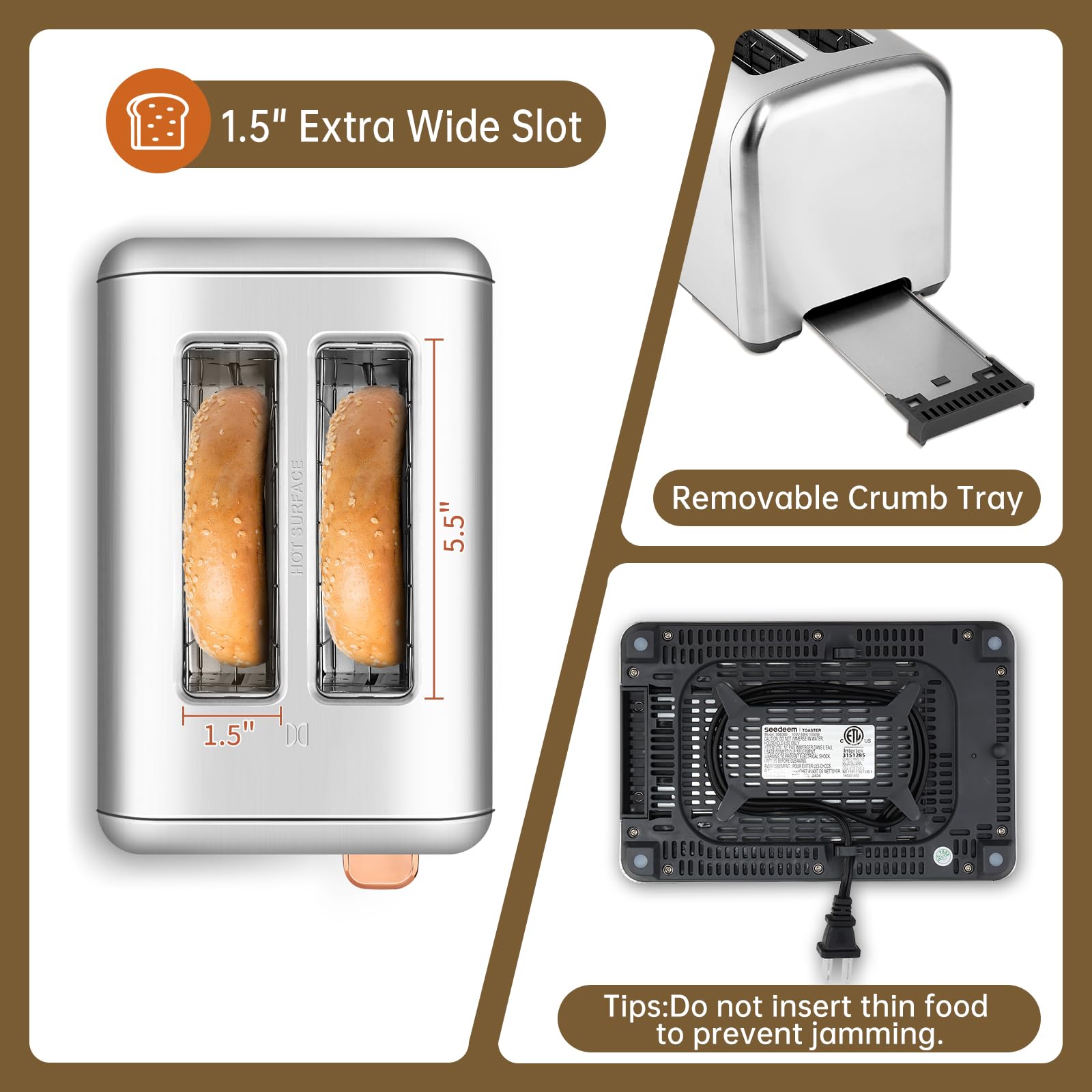 SEEDEEM Toaster 2 Slice, Real Touch Screen with LCD Display, Single-Slice Function, Stainless Steel Toaster, 50% Faster Heating, 1.5" Wide Slots, Removable Crumb Tray, 1350W, Silver Metallic