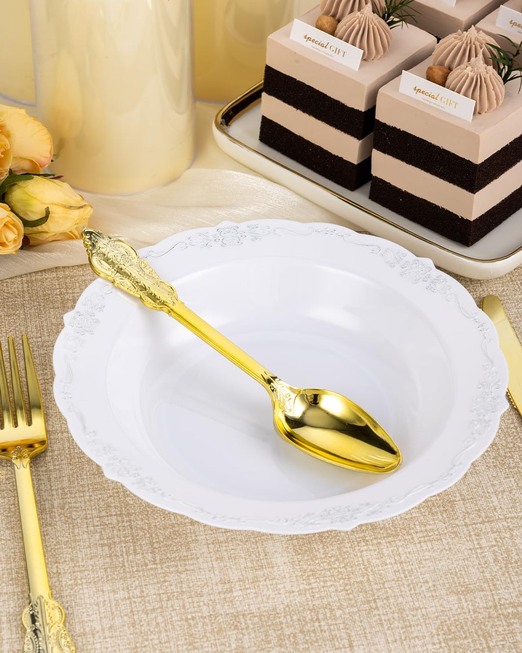 Bestluck 100 Pack White Plastic Bowls with Silver Rim