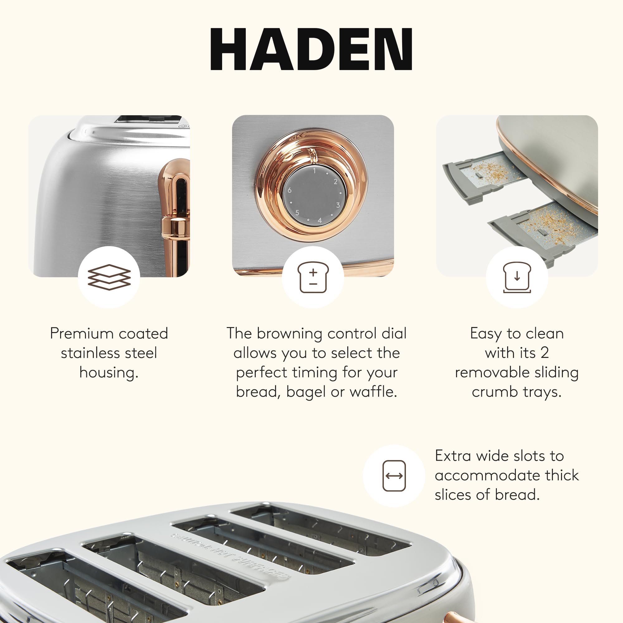 Haden Heritage 4 Slice Wide Slot Stainless Steel Toaster with Adjustable Browning Control & Non-Slip Feet, Steel & Copper