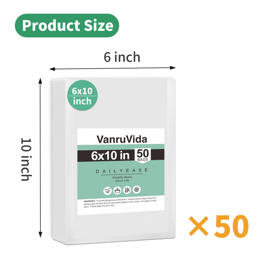 VanruVida Vacuum Sealer Bags,6” x 10” Pre-Cut Pint Size,50 Count for Food Saver,Commercial Grade Textured,BPA Free,Heavy Duty,Great for Vac Storage,Freezer, Meal Prep or Sous Vide