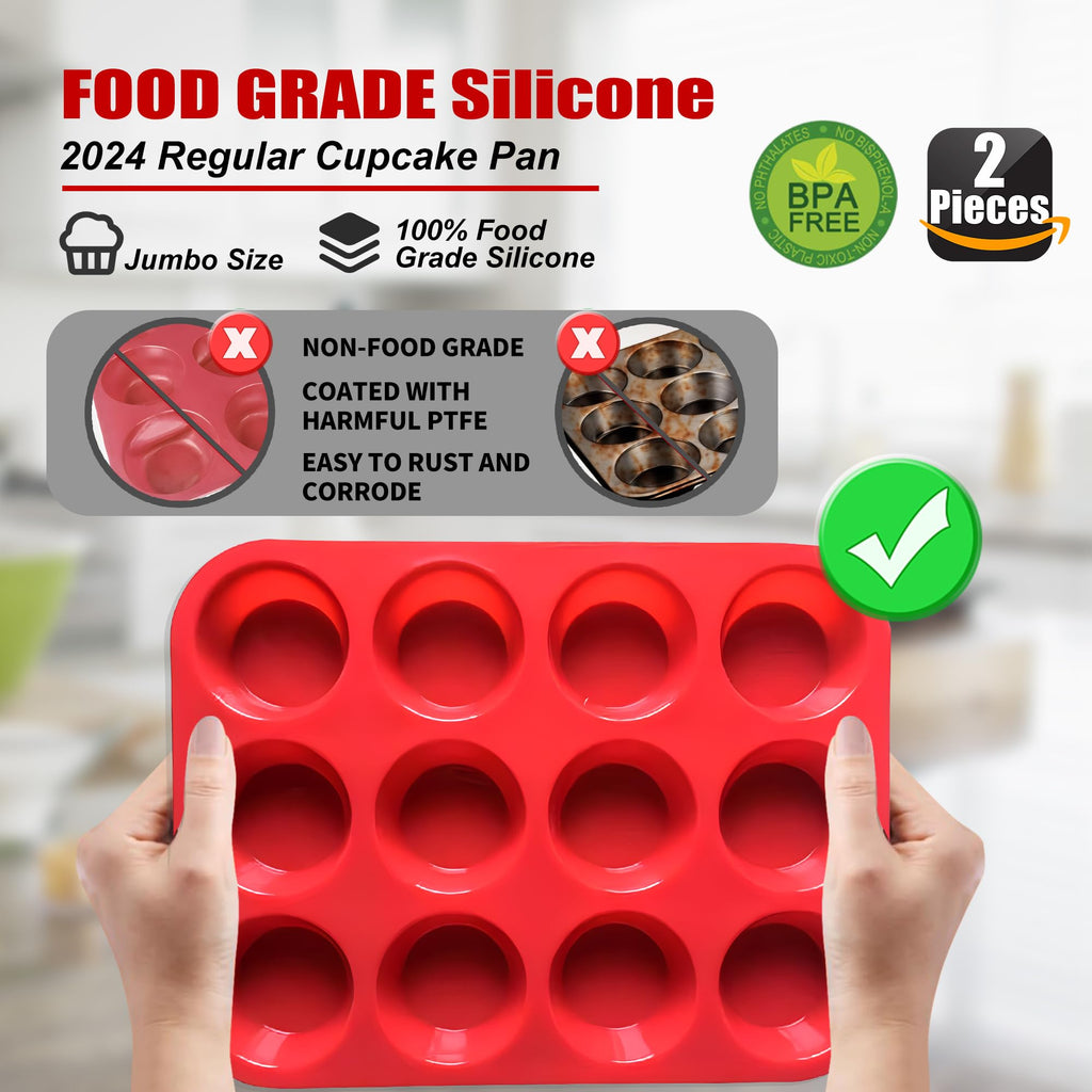2PCS Thicken-12 Cup Silicone Muffin Pan - Cupcake Baking Pan Great for Making Muffin Cakes, Tart, Bread -Non - Stick Silicone Mold/Dishwasher - Microwave Safe