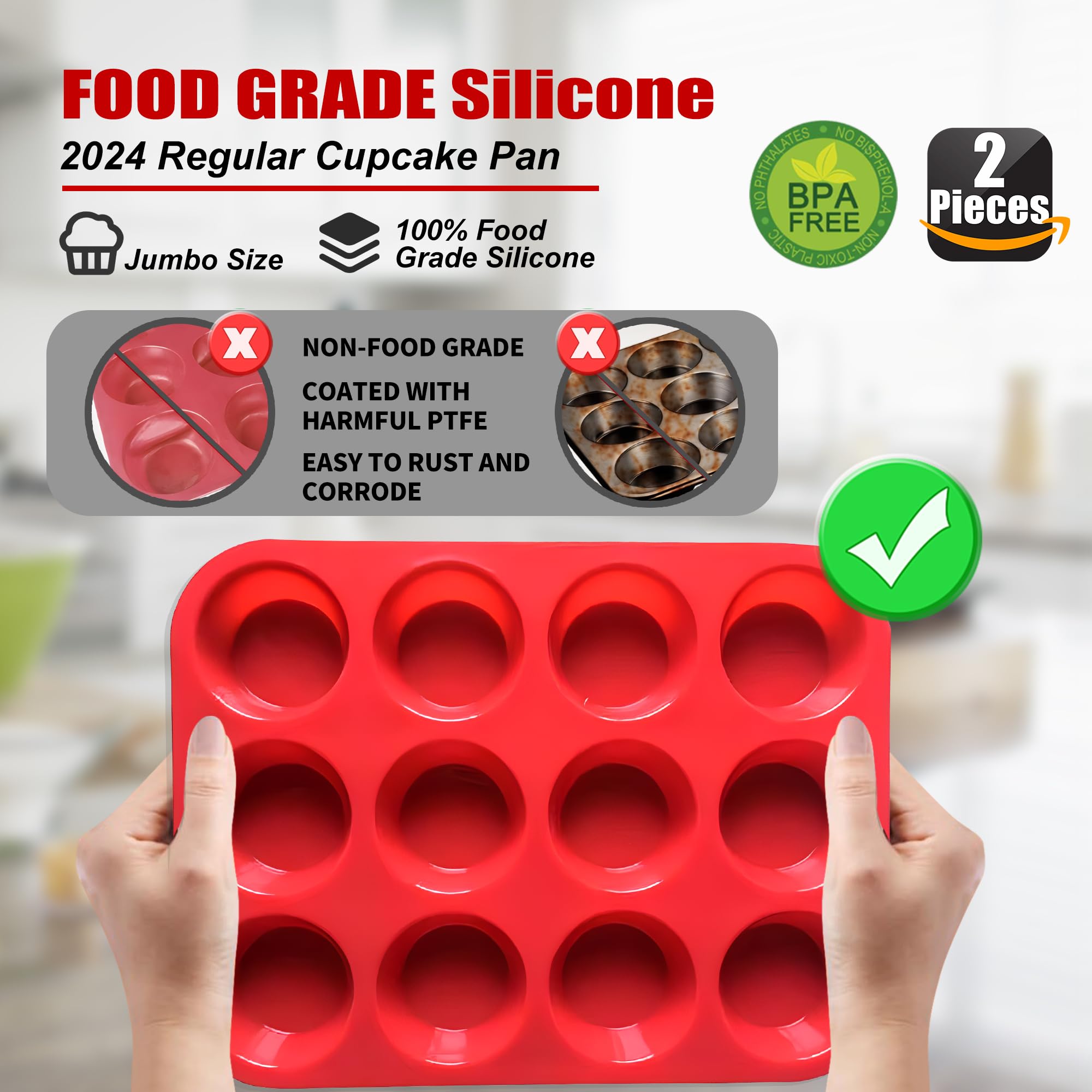 2PCS Thicken-12 Cup Silicone Muffin Pan - Cupcake Baking Pan Great for Making Muffin Cakes, Tart, Bread -Non - Stick Silicone Mold/Dishwasher - Microwave Safe