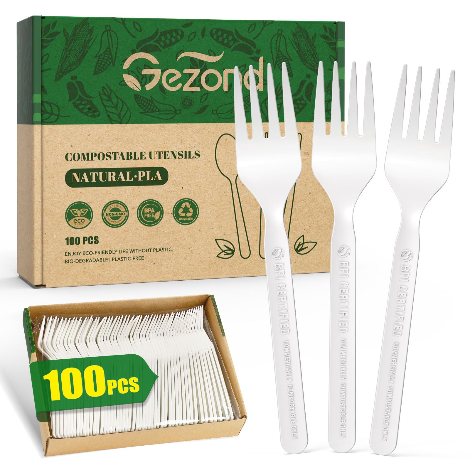 Gezond 100% Compostable Forks 100 Count, No Plastic Biodegradable PLA Forks Disposable Eco Friendly Heavy Duty Cutlery Suitable for Party Picnic Office Everyday Use