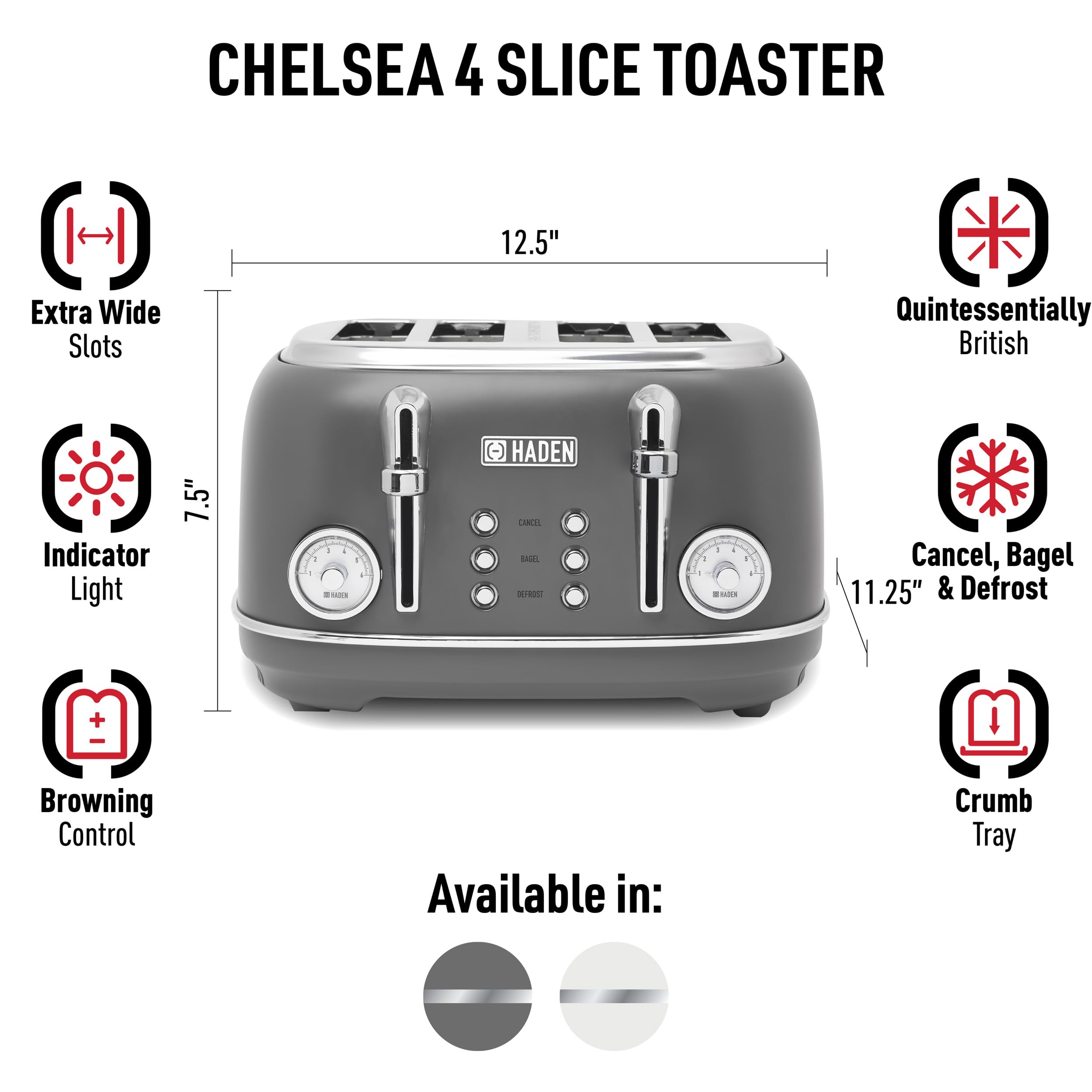 Haden Chelsea 4-Slice Wide Slot Stainless Steel Toaster with Adjustable Browning Control & Non-Slip Feet, Grey & Chrome