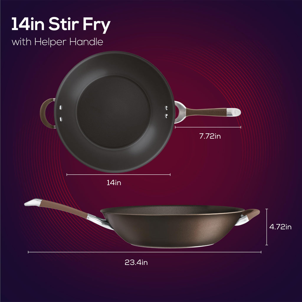 Circulon Symmetry Hard Anodized Nonstick Stir Fry / Wok Pan with Helper Handle - 14 Inch, Chocolate