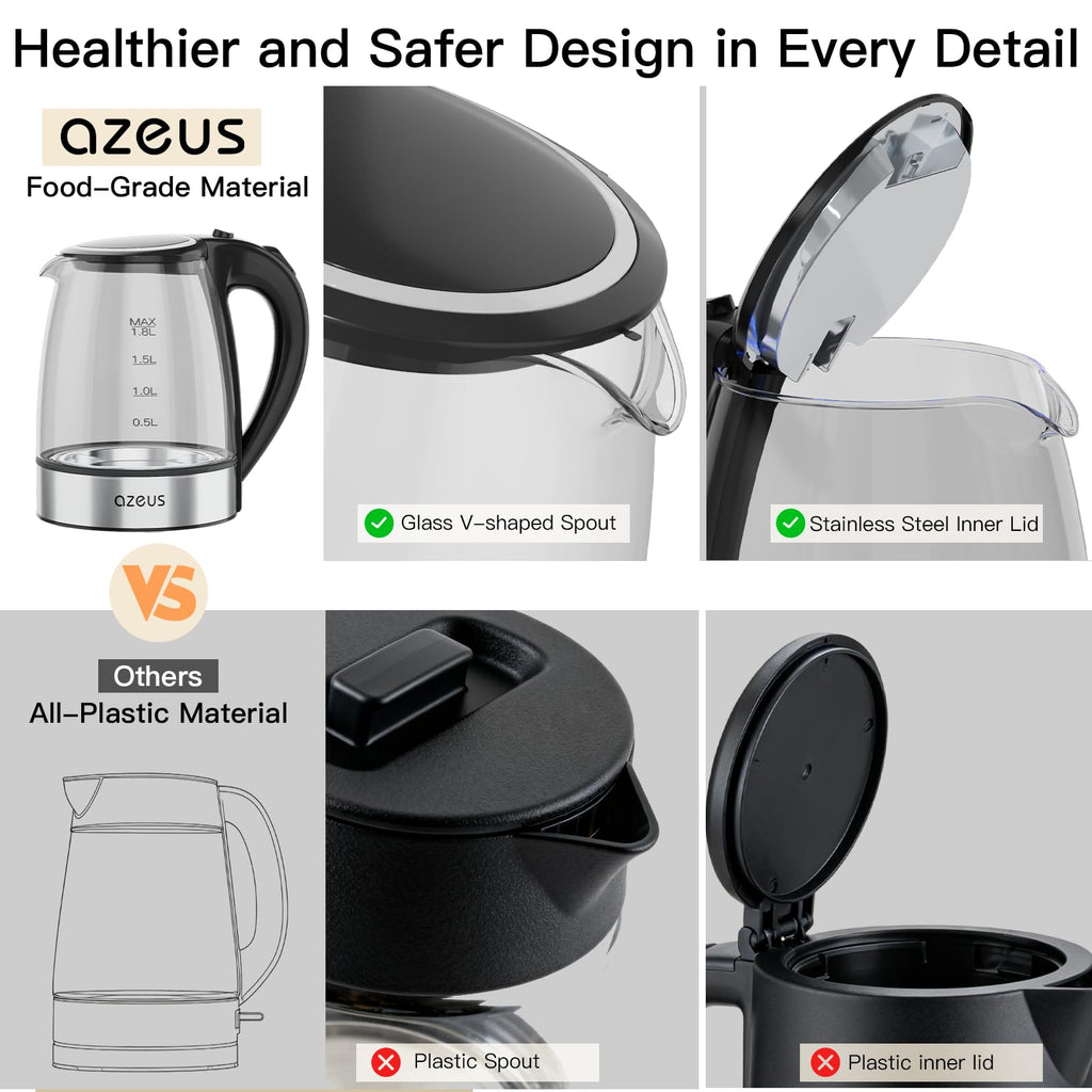 AZEUS Electric Kettle 1500W Tea Kettle, 1.8L Large Capacity with Auto Shut-Off and Boil-Dry Protection, BPA-Free