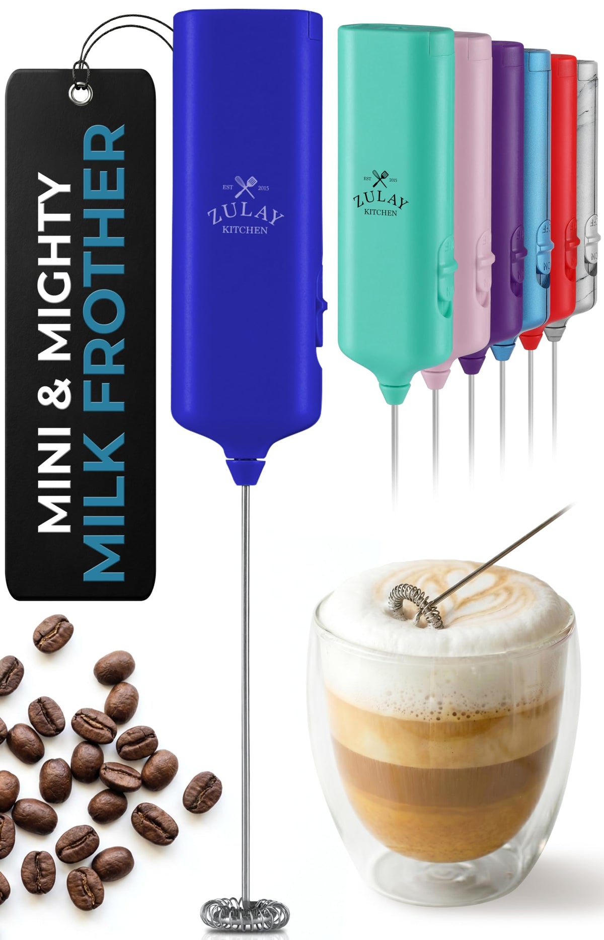 Zulay Powerful Milk Frother for Coffee with Upgraded Titanium Motor - Handheld Electric Whisk, Milk Foamer, Mini Mixer & Coffee Blender for Frappe, Latte, Matcha, No Stand - Pristine Teal