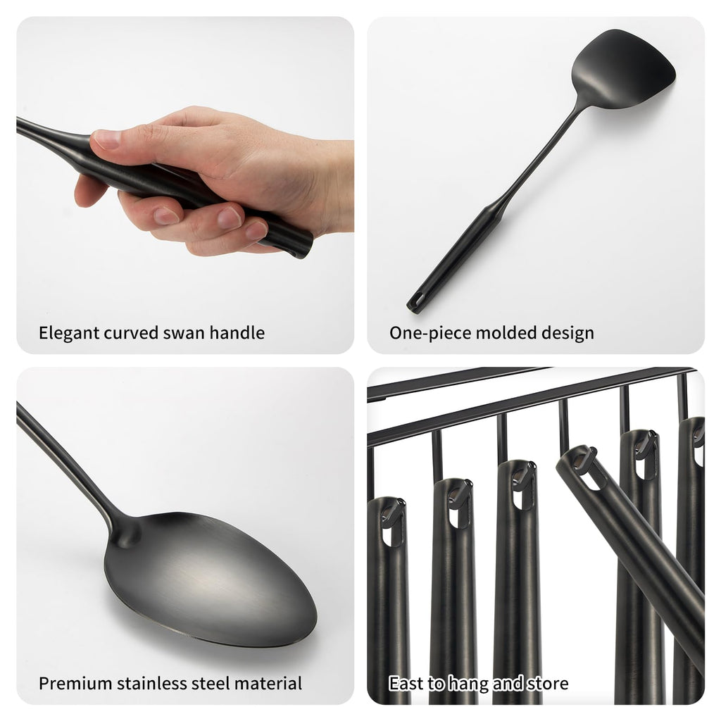 304 Stainlss Steel Matte Kitchen Utensils Set, 11 Pcs Long Metal Cooking Utensil Gadgets Tools Set with Spatula, Ladle, Spoon, Ladle, Skimmer, Tunner, Pasta Server, Tongs(Black, Dishwasher Safe)