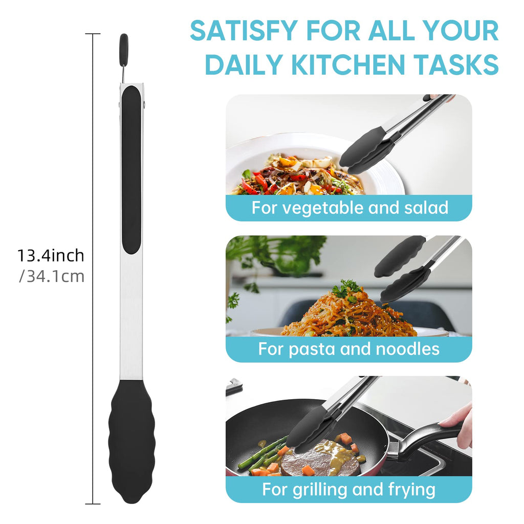 12-Inch Kitchen Tongs for Cooking with Silicone Tip,Black