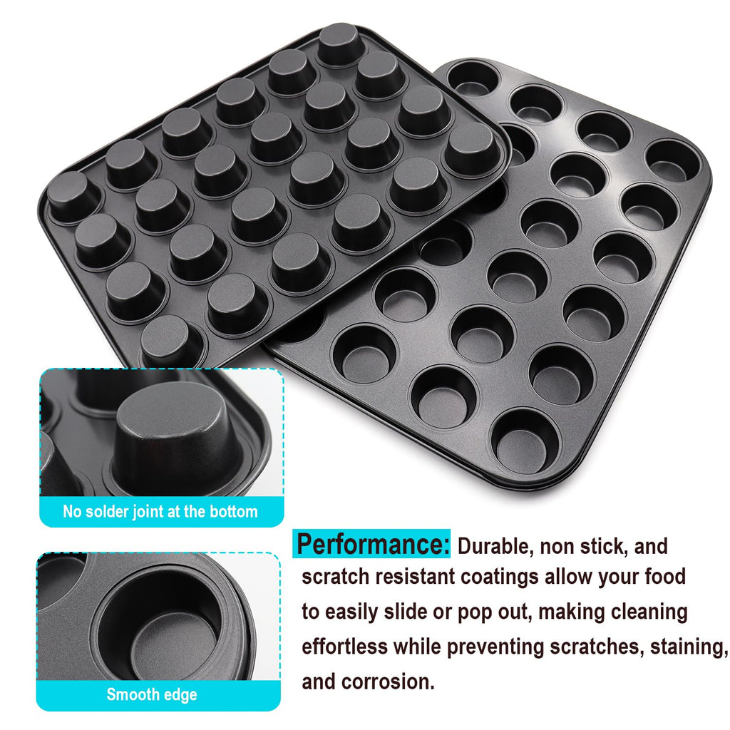 DRAONGYE 2 Packs Round Muffin Baking Pan, Premium Steel Muffin Pan for Baking, Nonstick Cupcake Tin Cheesecake Pans, Bakeware Muffin Top Pan (24 Cups, Black)