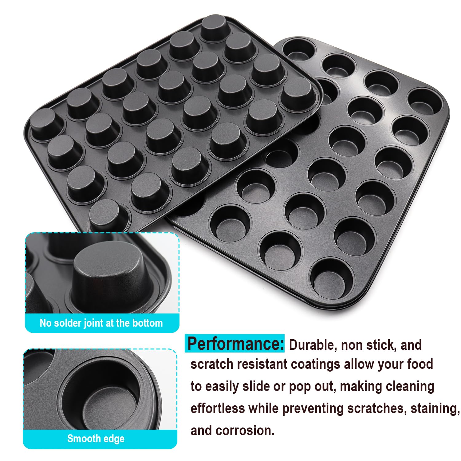 DRAONGYE 2 Packs Round Muffin Baking Pan, Premium Steel Muffin Pan for Baking, Nonstick Cupcake Tin Cheesecake Pans, Bakeware Muffin Top Pan (24 Cups, Black)