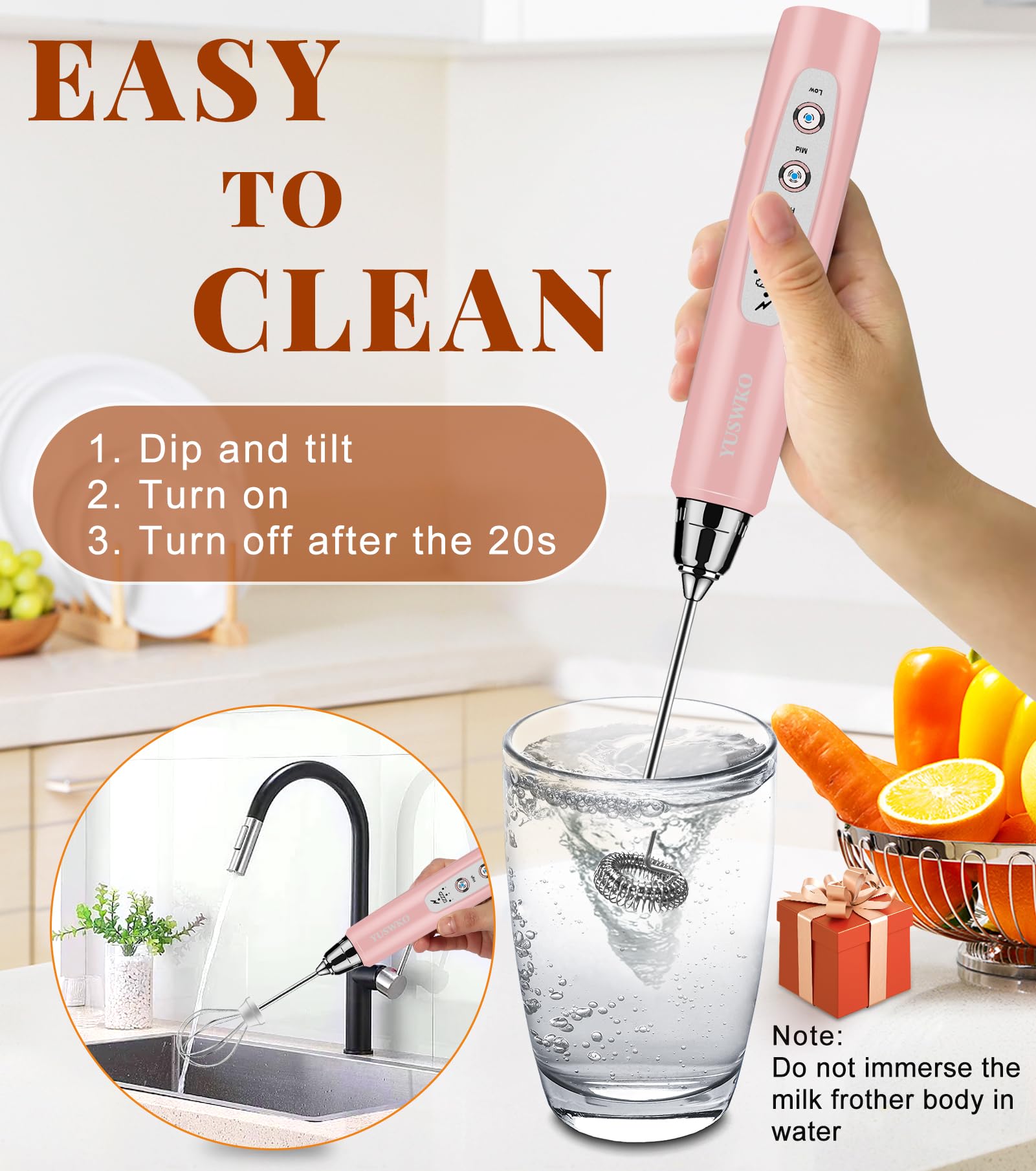 YUSWKO Handheld Milk Frother Wand for Coffee, Rechargeable Electric Whisk with 3 Heads 3 Speeds Drink Mixer Coffee Frother For Latte, Cappuccino, Hot Chocolate, Egg, Pink