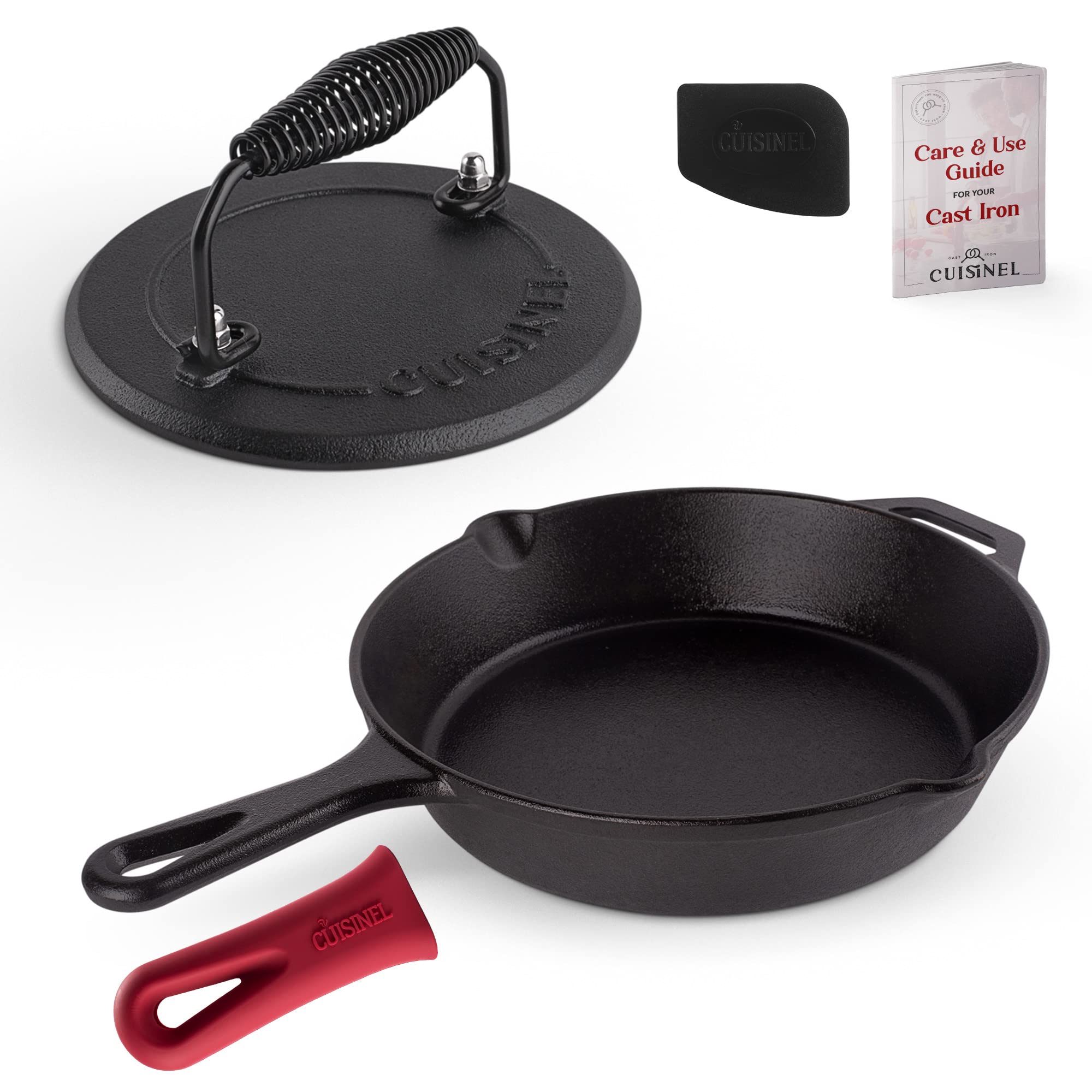 Cuisinel Cast Iron Skillet + Grill Press + Scraper Set - 10"-inch Pre-Seasoned Frying Pan + Silicone Handle Grip - 7" Round Burger Smasher - Indoor/Outdoor, Grill, Kitchen Cookware. PFAS and PFOA-free