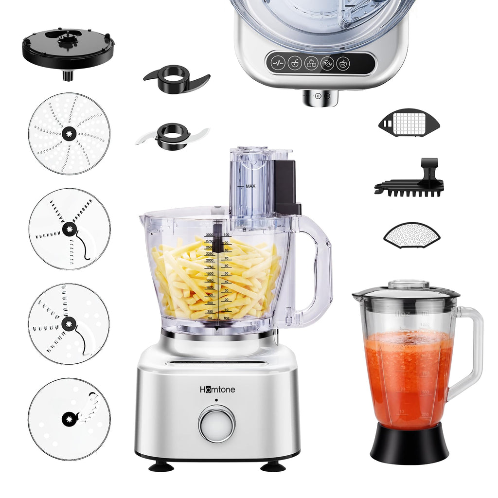 Homtone 16 Cup Food Processor Blender Combo, 11-in-1 Glass Blender for Home