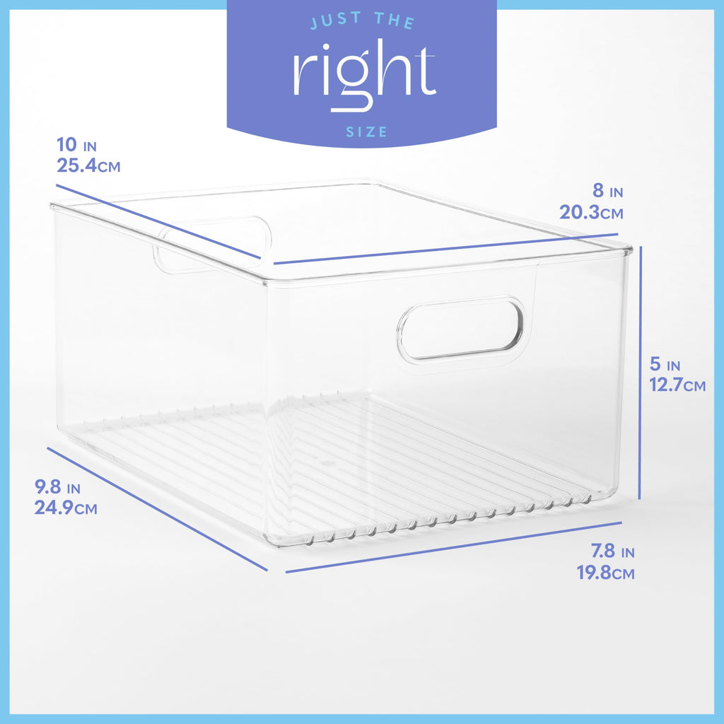 Plastic Food Storage 4 Pack Clear Container Bin with Handles for Organizing Kitchen, Pantry, Refrigerator, Freezer, Pantry, Cabinet, Closet, Bathroom 10”x8”x5”