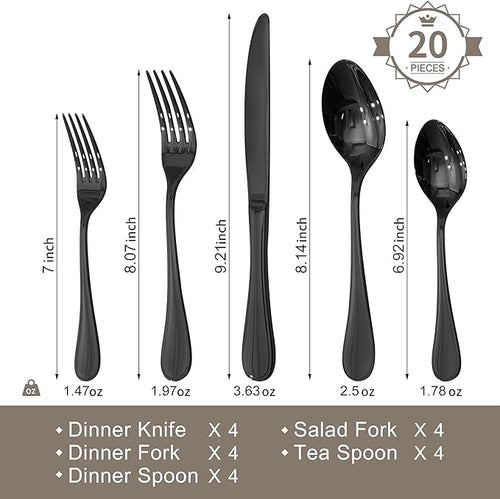 18/10 Stainless Steel Silverware Set for 4, 20 Piece Black Flatware Set