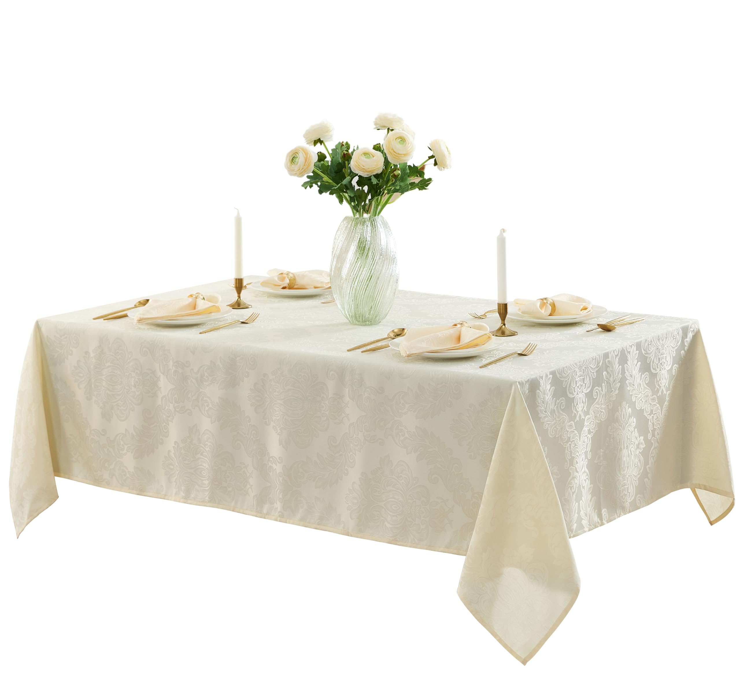 Newbridge Barcelona Luxury Damask Fabric Tablecloth, 60” Wide x 120” Rectangle, Antique White, 100% Polyester, No Iron, Soil Resistant Dining Room, Party and Banquet Table Cover