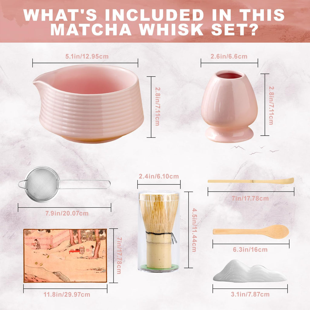 8-Piece Traditional Matcha Tea Set with Spouted Ceramic Bowl, Bamboo Whisk and Holder, Complete Japanese Matcha Kit for Home Latte Preparation, Includes Sifter and Scoop Rest, Premium Gift Box(pink)