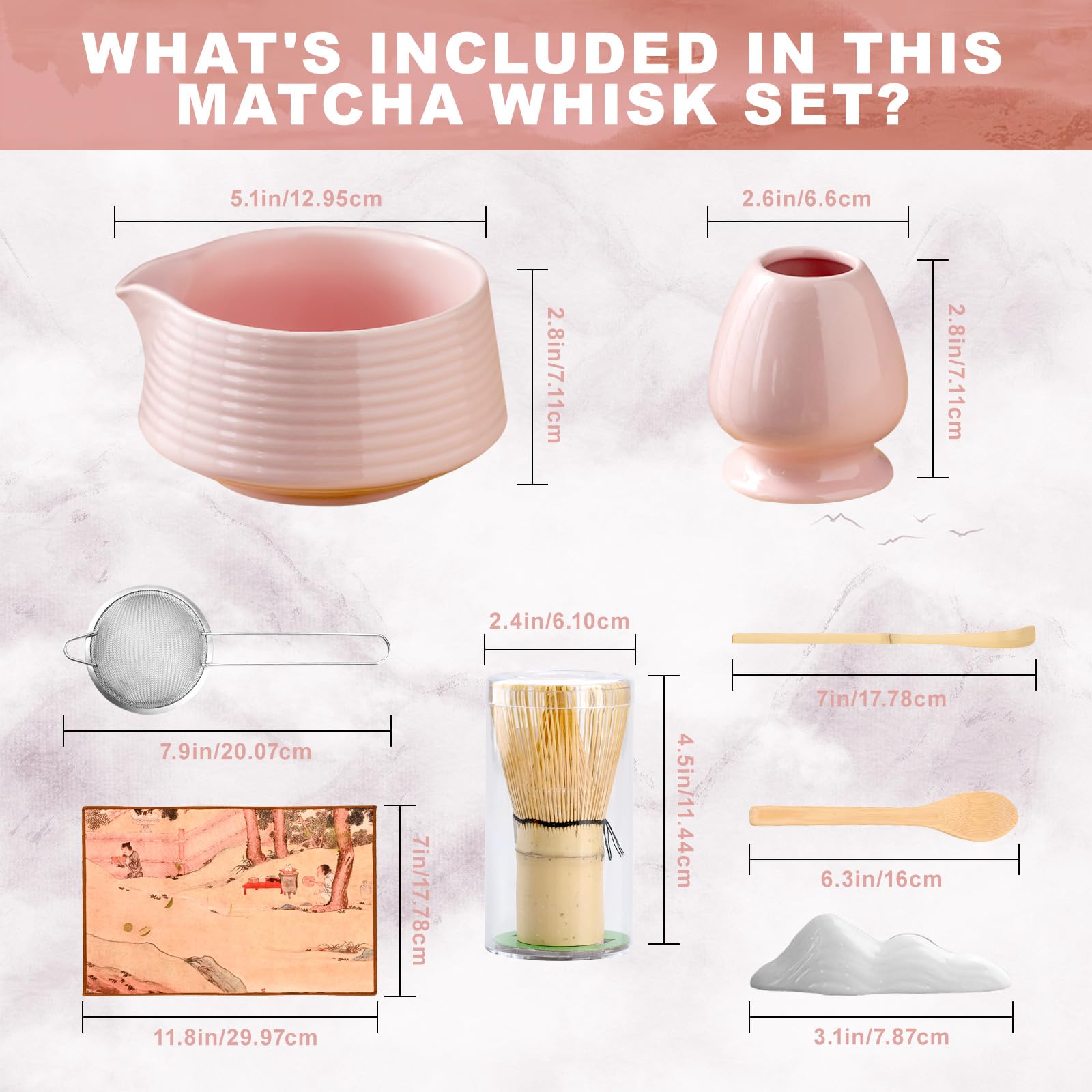 8-Piece Traditional Matcha Tea Set with Spouted Ceramic Bowl, Bamboo Whisk and Holder, Complete Japanese Matcha Kit for Home Latte Preparation, Includes Sifter and Scoop Rest, Premium Gift Box(pink)