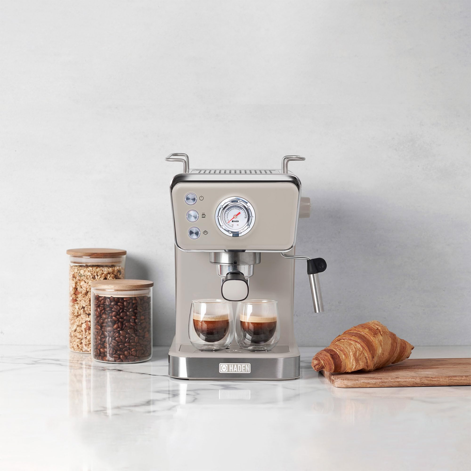 HADEN Barista Brew Espresso Coffee Machine, Stainless Steel Espresso Maker with Milk Frother and Steamer Function and 1.5L Water Tank, Putty & Copper