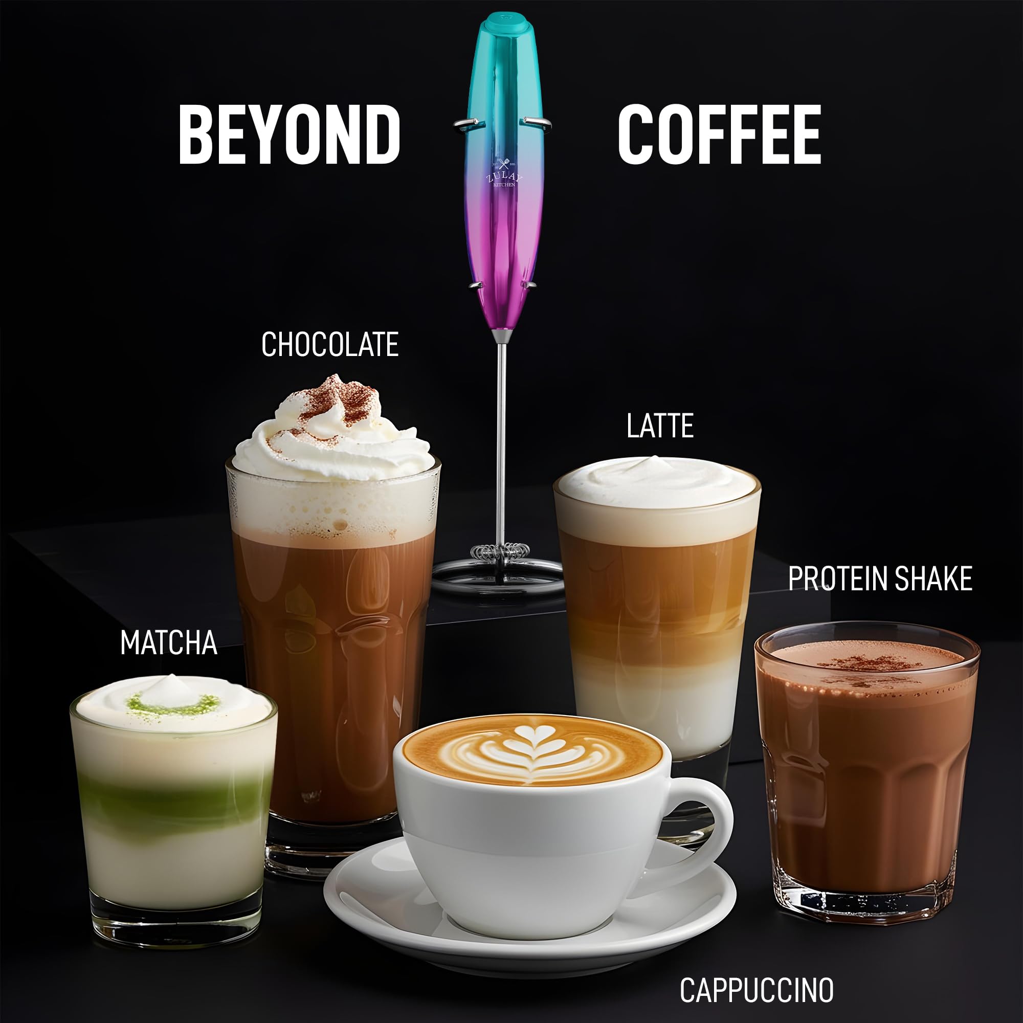 Zulay Kitchen Executive Series Milk Frother Wand - Upgraded & Improved Stand - Ideal Coffee Gift - Coffee Frother Handheld Foam Maker For Lattes - Electric Milk Frother Handheld For Cappuccino
