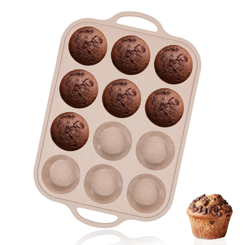 Vinino Silicone Muffin Pans for Baking with Metal Reinforced Frame, 12 Cups Regular Size Nonstick Brown Silicone Cupcake Pan, BPA Free Oven Dishwasher Safe Baking Mold for Muffins Cupcakes