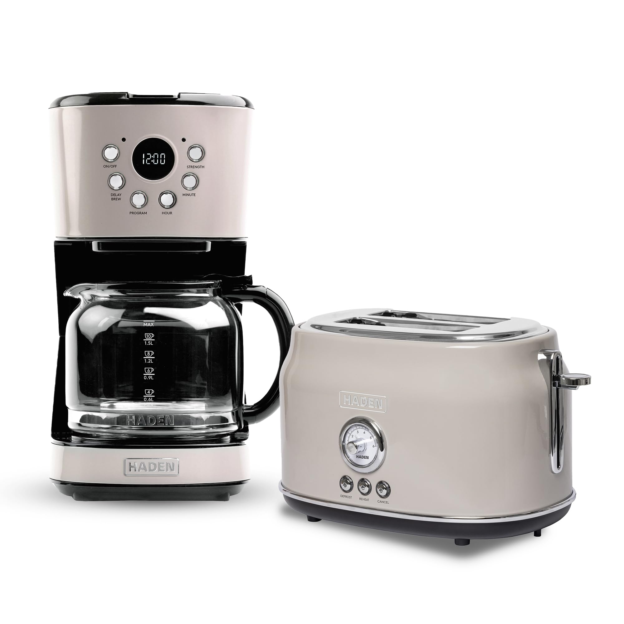 Haden 12 Cup Programmable Drip Coffee Maker Coffee Machine Bundled with Dorset 2 Slice Wide Slot Stainless Steel Toaster, Putty & Chrome