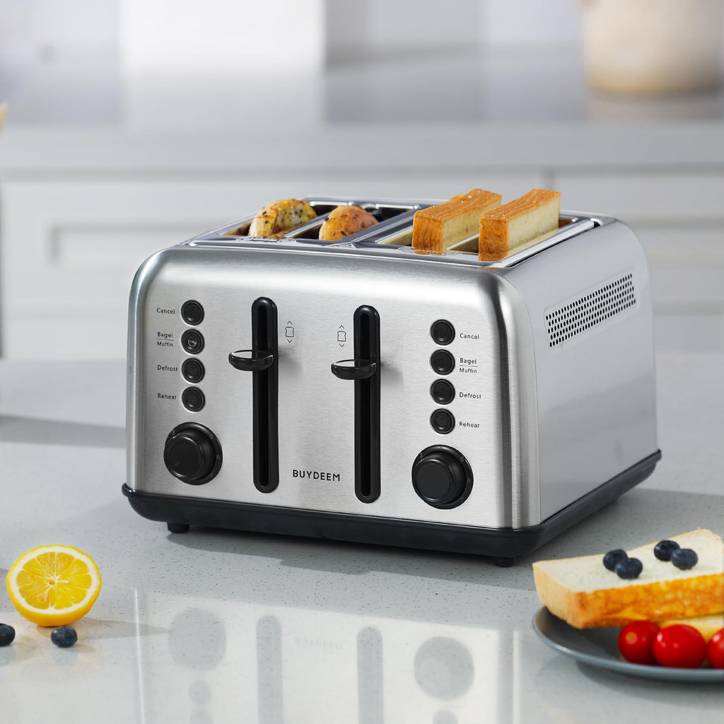 BUYDEEM DT640 4-Slice Toaster, 7 Shade Settings, Extra Wide 1.5’’ Slots for Bagel & English Muffin, 6 Toasting Functions, Retro Stainless Steel Toaster with High Lift Lever, 1800W, Retro Silver