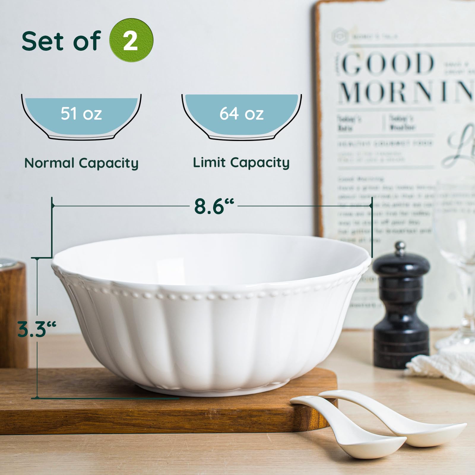 HOMBENE Pasta and Salad Bowls,8.5 Inch Serving and Soup Bowl Set, Microwave and Dishwasher Safe, Set of 2, White, Kitchen Plates and Bowls Set