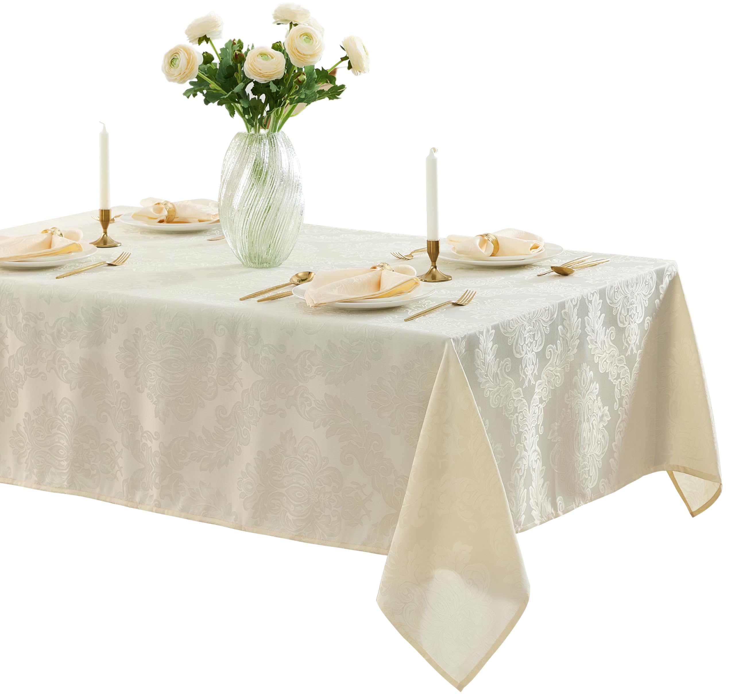 Newbridge Barcelona Luxury Damask Fabric Tablecloth, 60” Wide x 120” Rectangle, Antique White, 100% Polyester, No Iron, Soil Resistant Dining Room, Party and Banquet Table Cover