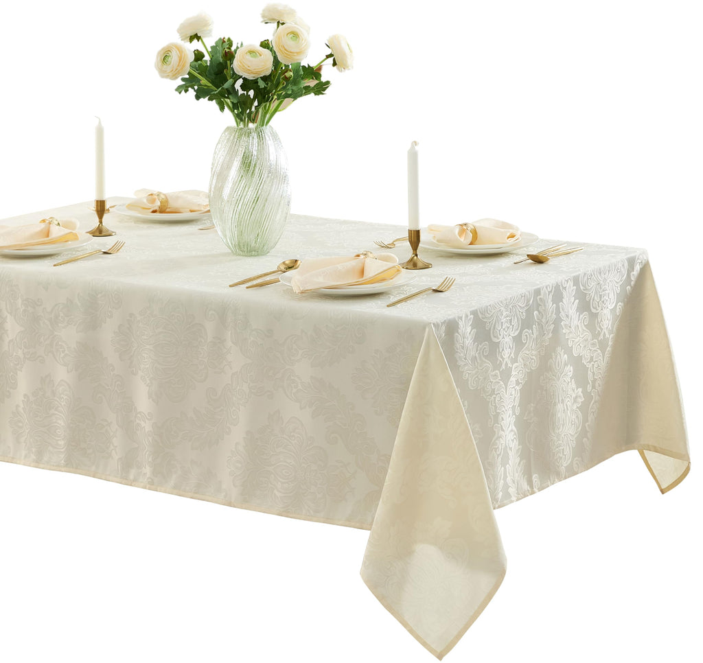 Newbridge Barcelona Luxury Damask Fabric Tablecloth, 70” x 70”, Square, Antique White, 100% Polyester, No Iron, Soil Resistant Dining Room, Party and Banquet Table Cover