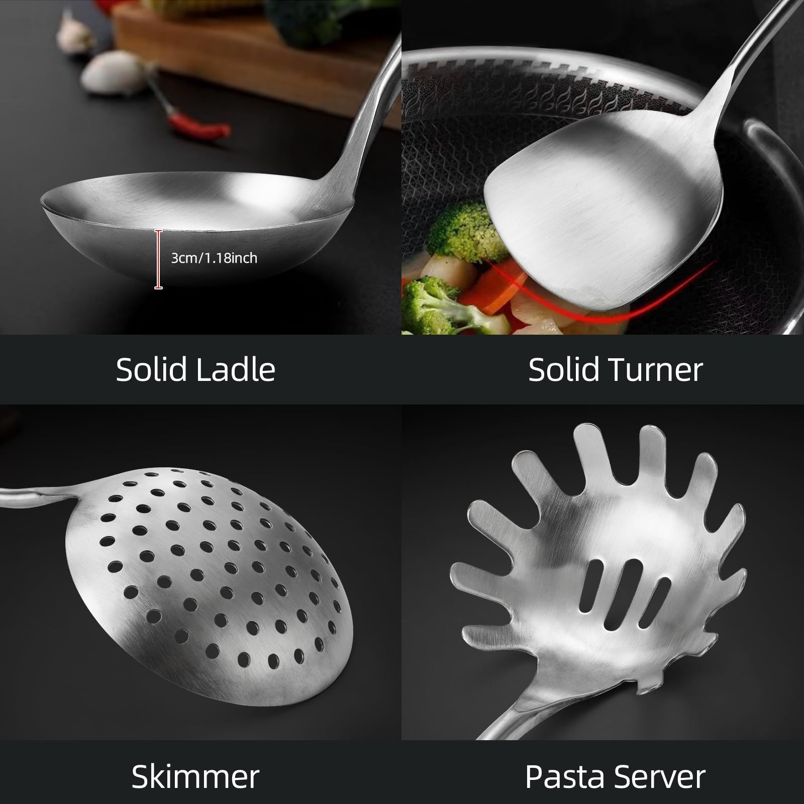 MAXCOOK Stainless Steel Cooking Utensils set, 18/8 Stainless Steel Kitchen Utensils set, 7 Pieces Cookware Set with Rotating Holder, Heat Resistant Stainless Steel Cooking Spoon(Dishwasher Safe)