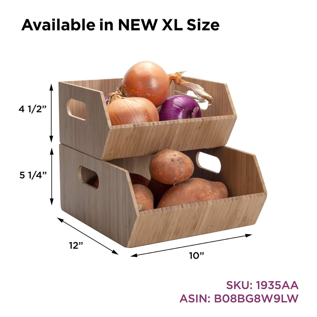 MobileVision Bamboo Storage Bins for Pantry & Kitchen Cabinet Organizer Multi-Purpose 2 PC Stackable Set for Canned Goods, Vegetables, Pouches, Boxed Meals & more
