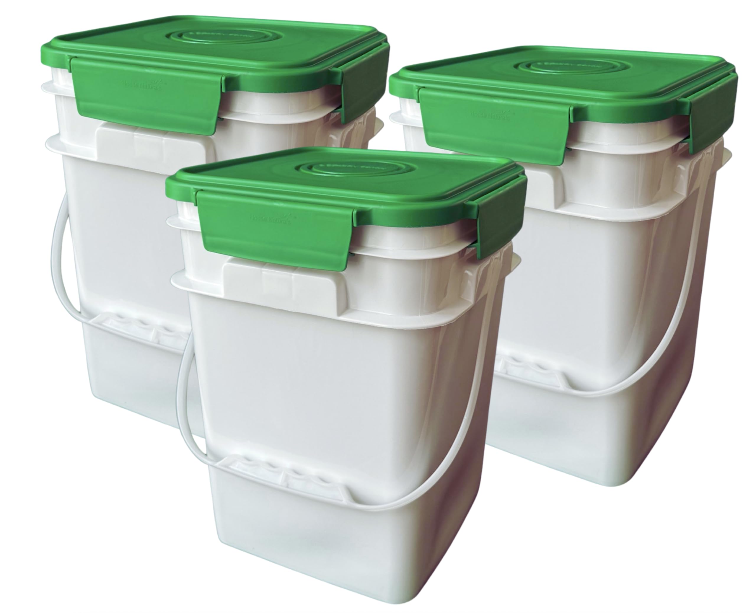 House Naturals 4 Gallon Square Food Grade Bucket Pail with Plastic Handles and Lid (Pack of 3) Made in USA containers (White - Green lid)