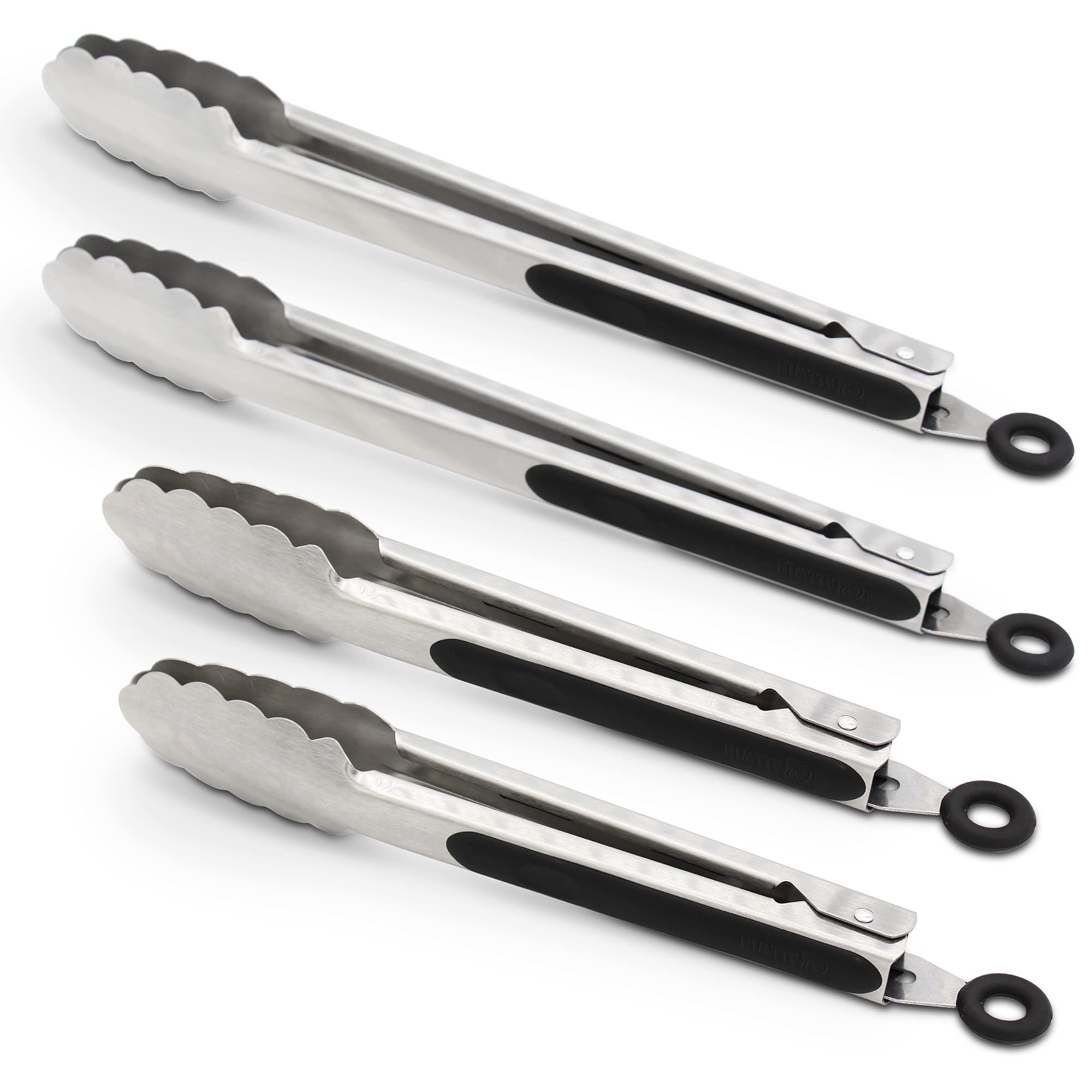 304 Stainless Steel Locking Kitchen Tongs, 9 & 12 Inch, 4-Piece, Black
