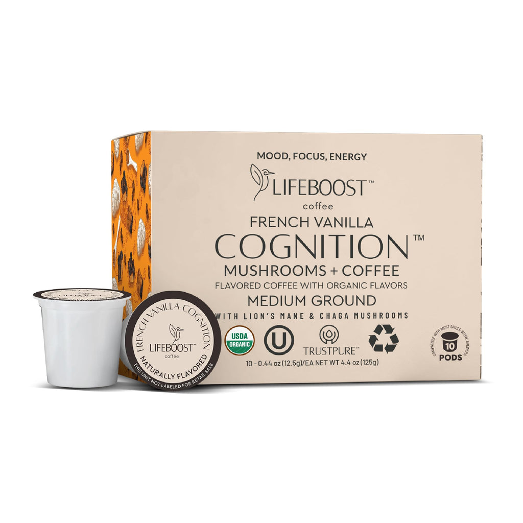 Lifeboost French Vanilla Cognition Mushroom Coffee Pods - Low Acid Organic K-Cups with Lion’s Mane & Chaga Nootropic Mushrooms for Focus, Energy & Immune Support - 10 Count