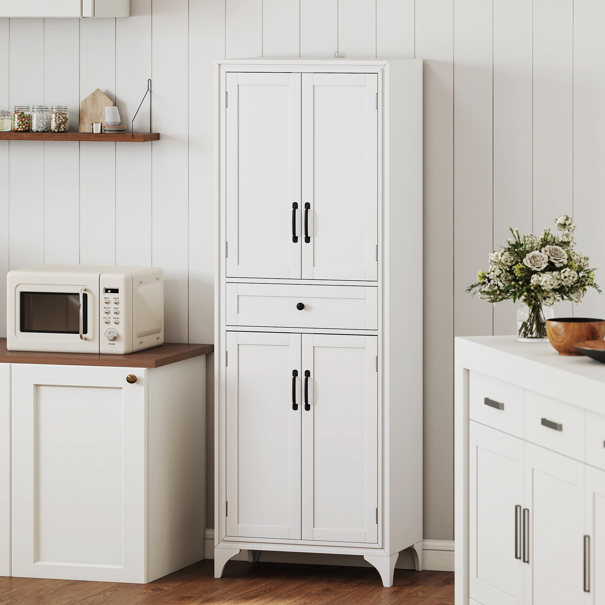 HOMCOM 67" Tall Freestanding Kitchen Pantry Cabinet 4-Door Drawer White