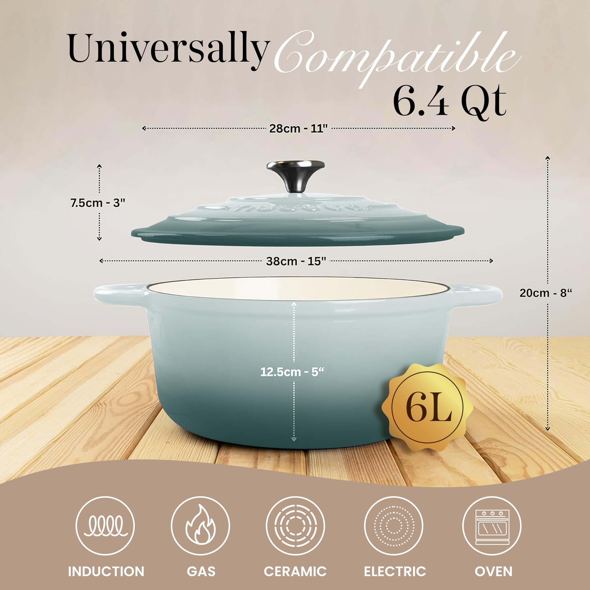 Nuovva Enamelled Cast Iron Dutch Oven Pot with Lid 6.4 Quart Non Stick Casserole Pot-Heavy Duty & Oven Safe up to 500° F for Bread Baking, Braising, Stews, Roasting - 28cm Sea Salt