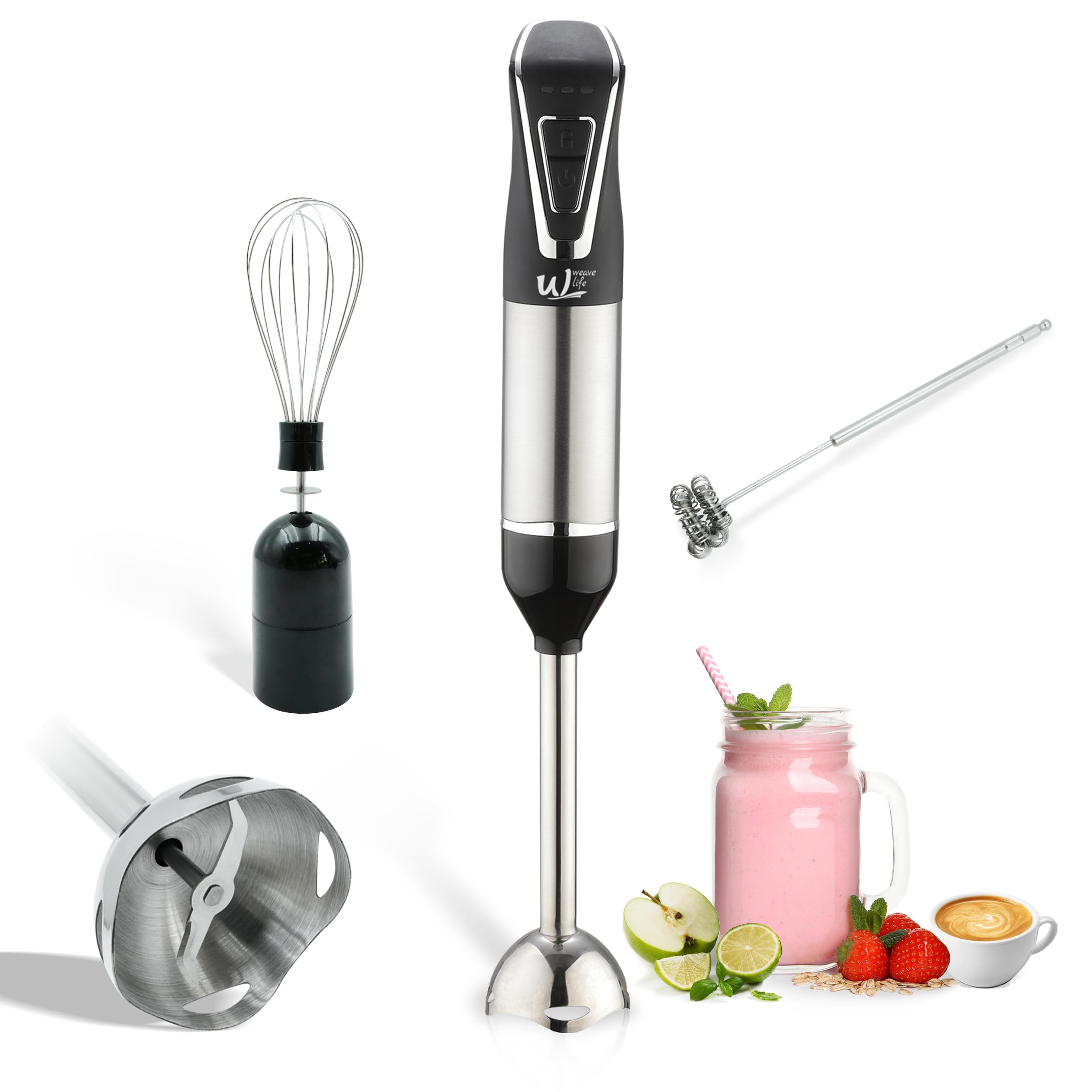 Weavelife 3-in-1 Cordless Hand Blender Set - One-Touch Control & Safety Lock, Immersion Blender with Whisk and Frother for Lattes, Desserts, Soups, Dishwasher-Safe