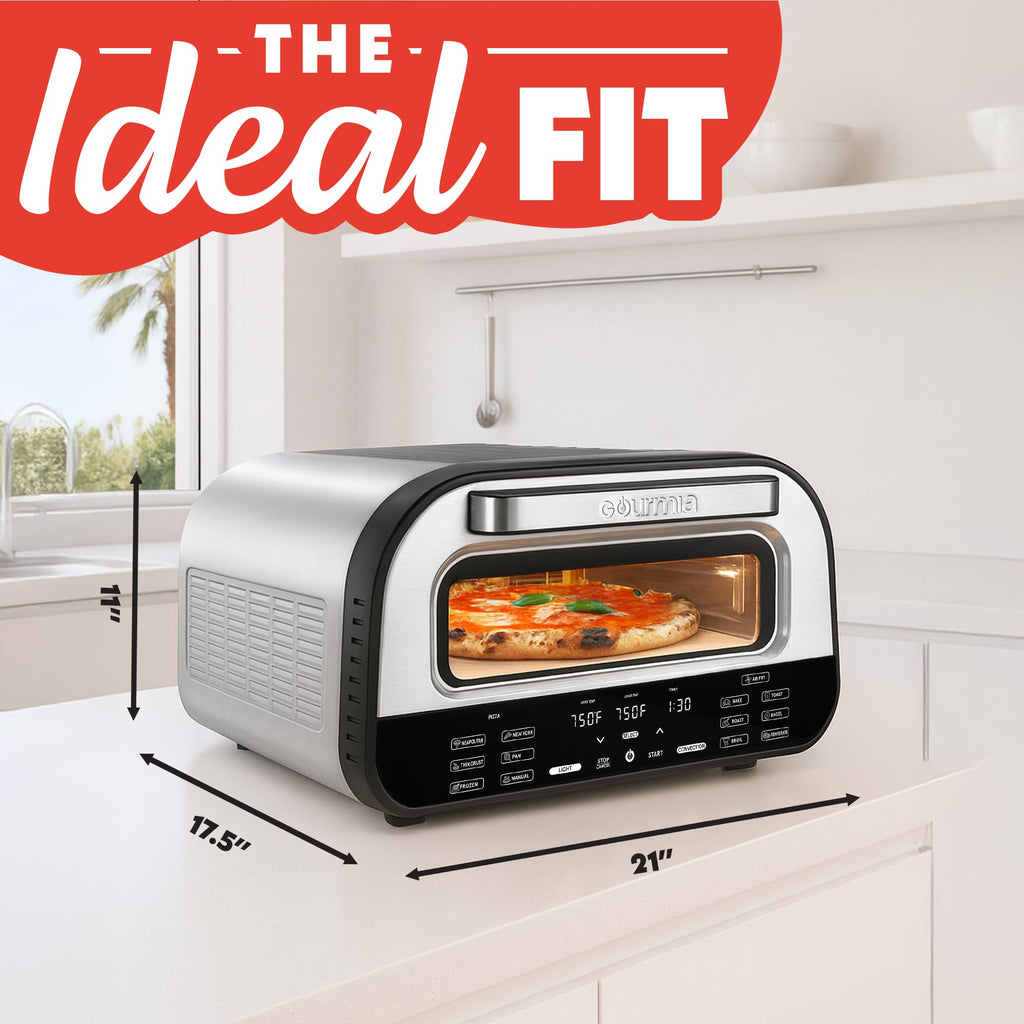 Gourmia Electric Indoor Pizza Oven – Countertop Air Fryer Toaster Oven Combo with 6 Pizza Presets, 7 Cooking Functions, Air Fry, Broil & Bake, Includes Cordierite Pizza Stone, Stainless Steel
