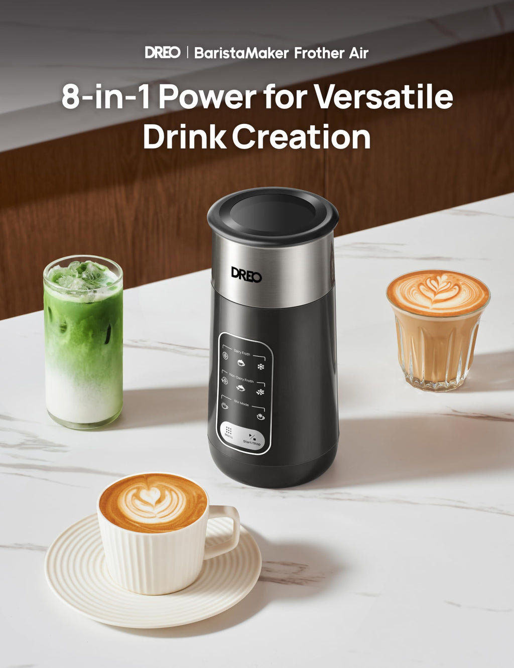 DREO Milk Frother, 8-in-1 Electric Stainless Steel Frother for Latte Art Microfoam and Coffee, 9oz/270ml Warm and Cold Foam Automatic Frothers, LED, Easy to Clean