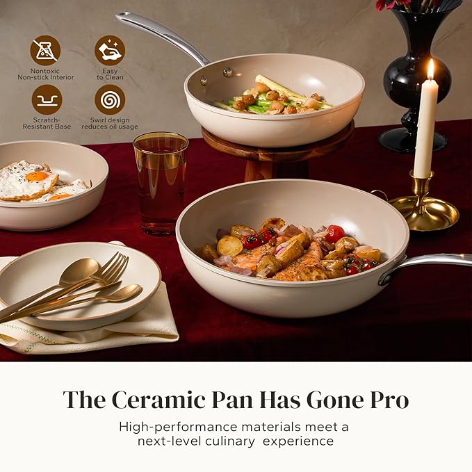 Redchef Ceramic Nonstick Frying Pan, Ceramic Non-Stick Saute Pan, Non Toxic Egg Pan, Cooking Pan for Kitchen, PFAS Free, All Stovetops (Gas, Electric, Induction), Oven Dishwasher Safe(9.5" Beige)